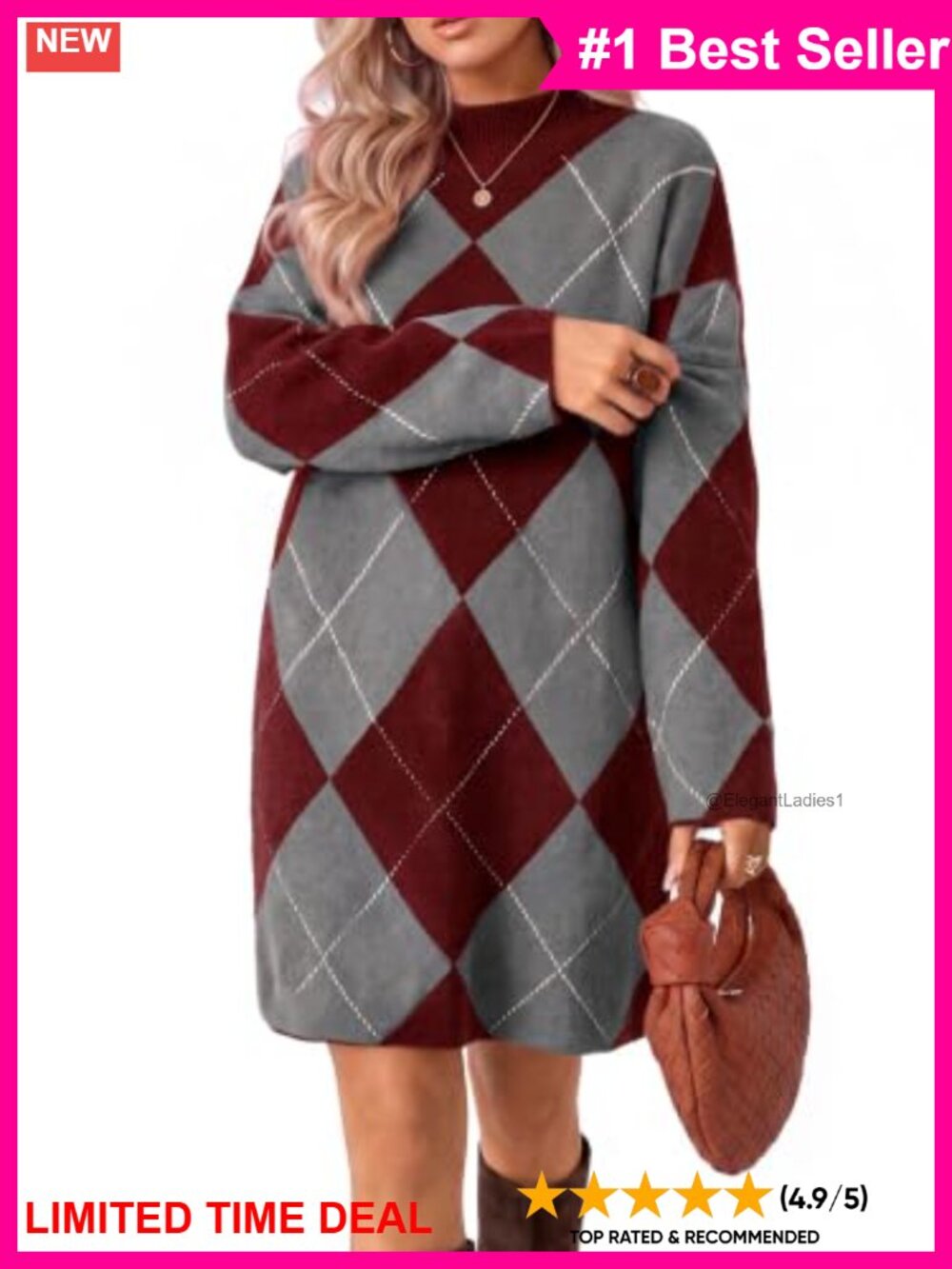 Womens Oversized Argyle Sweater Dress Mock Neck Long Sleeve Knit Pullover